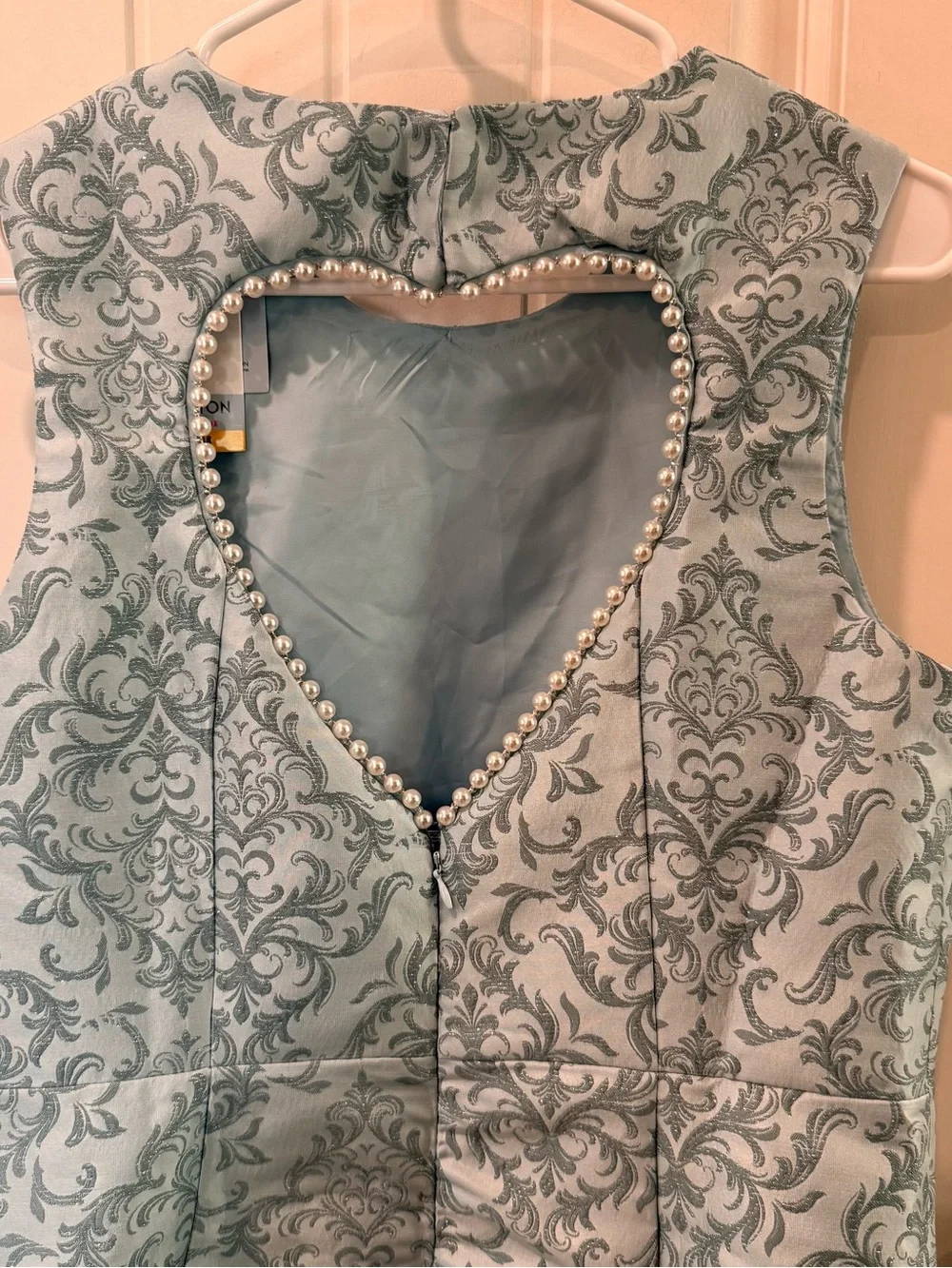 Bridgerton Cutout Heart Dress Teal Damask Pearl Back Detail Women’s M NWT - Picture 4 of 16